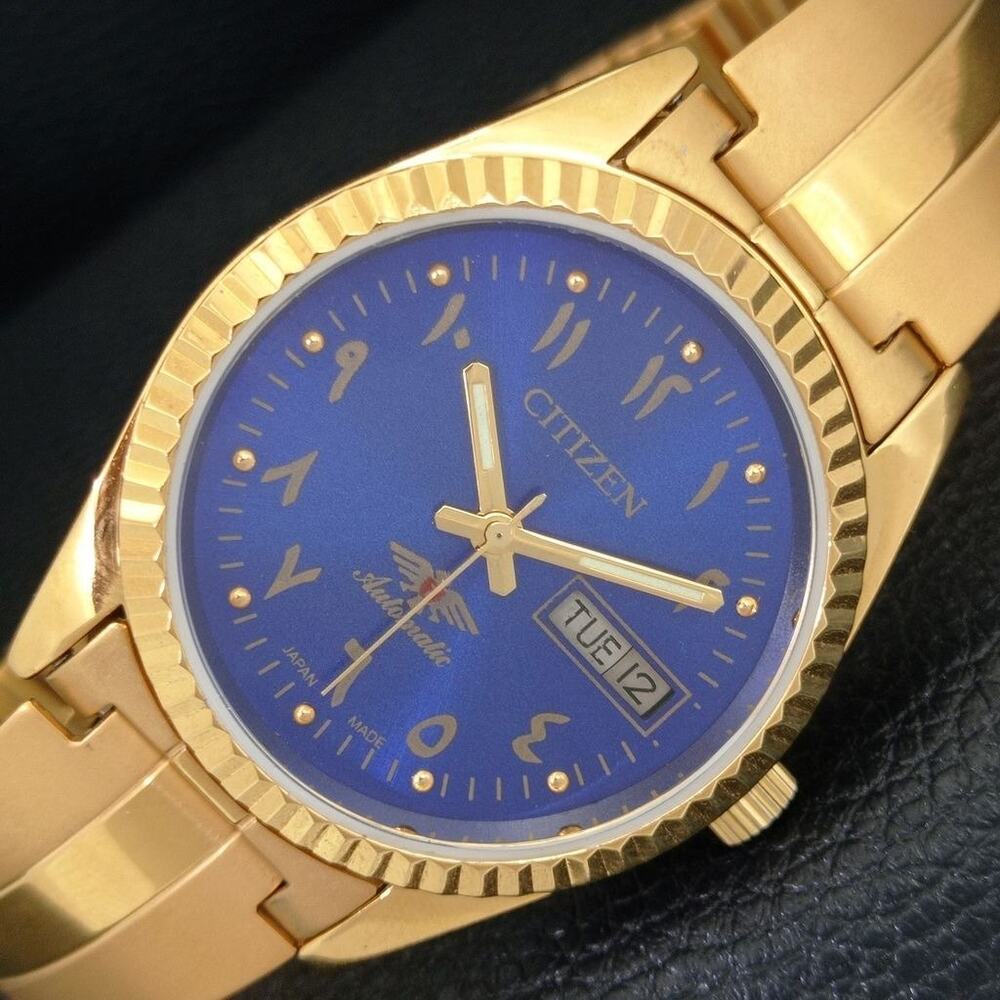 Vintage 1975 Citizen Automatic Mens Gold Watch W/daydate & Blue accents